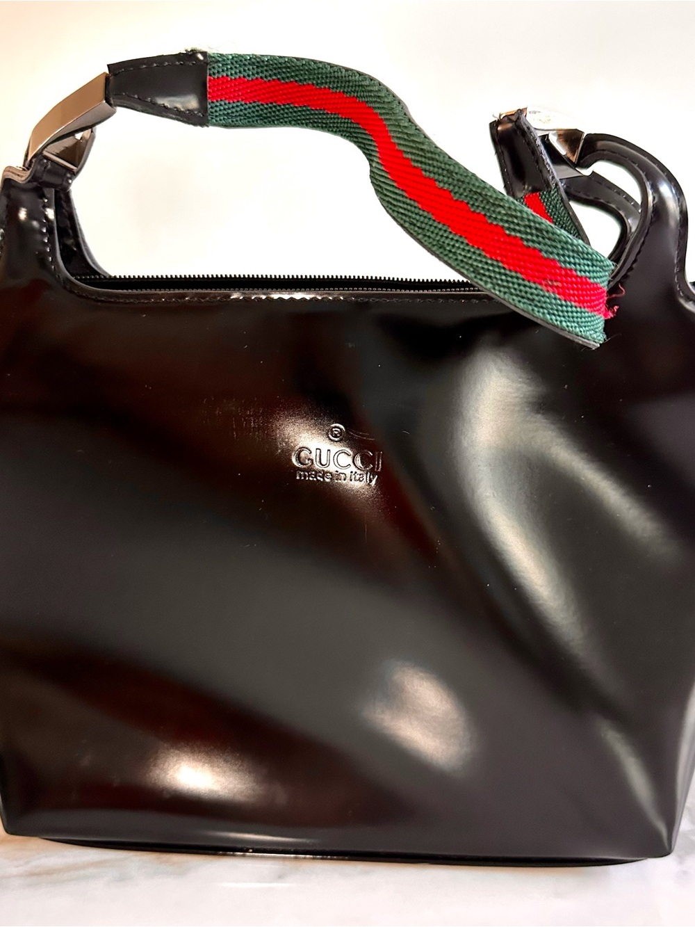 Vintage Gucci Black Patent Shoulder Tote with Red and Green Web Trim